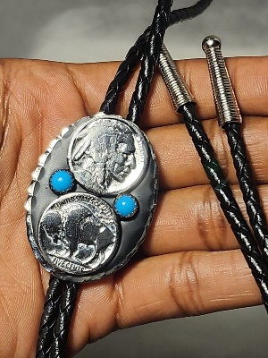 Double Buffalo Nickels Turquoise Inlay Silver